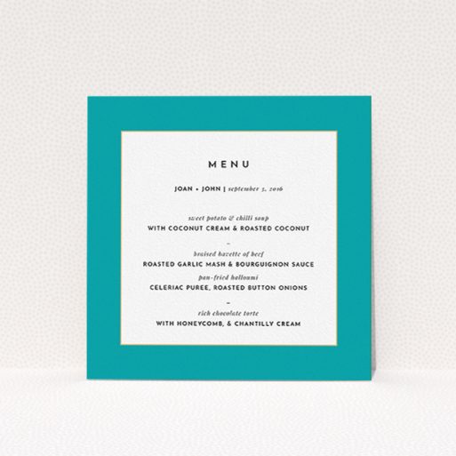 A wedding menu card design named "Blue and Gold Flourish". It is a square (148mm x 148mm) menu in a square orientation. "Blue and Gold Flourish" is available as a flat menu, with tones of green and white.