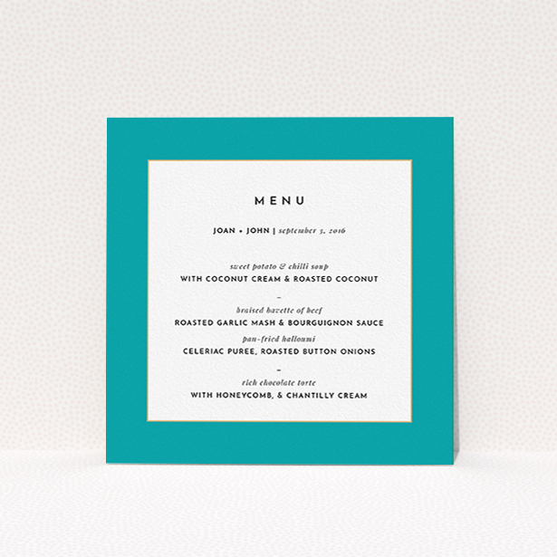 A wedding menu card design named "Blue and Gold Flourish". It is a square (148mm x 148mm) menu in a square orientation. "Blue and Gold Flourish" is available as a flat menu, with tones of green and white.