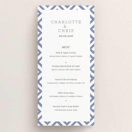 Wedding Menu Card Design - "Blue and white maze" A wedding menu card design named "Blue and white maze". It is a tall (DL) menu in a portrait orientation. "Blue and white maze" is available as a flat menu, with tones of blue and white.