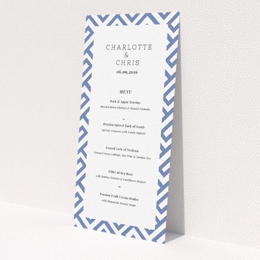 A wedding menu card design named 'Blue and white maze'. It is a tall (DL) menu in a portrait orientation. 'Blue and white maze' is available as a flat menu, with tones of blue and white.