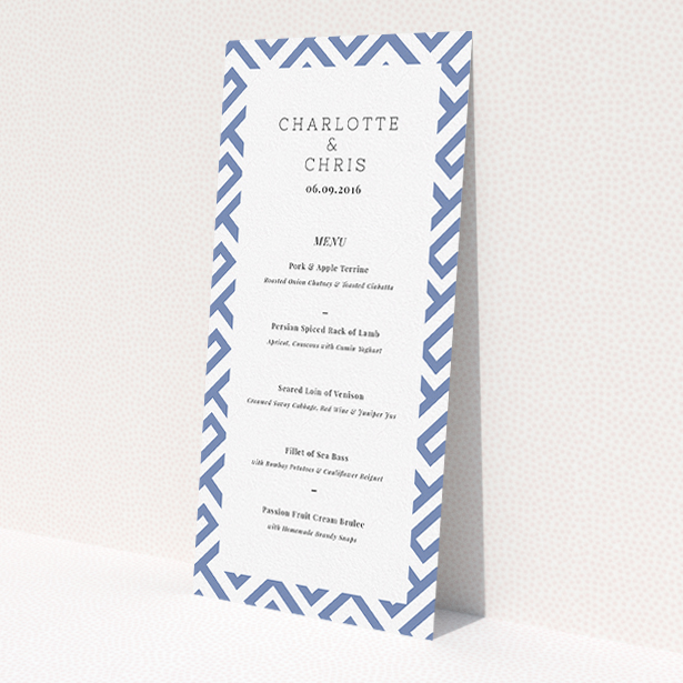 A wedding menu card design named "Blue and white maze". It is a tall (DL) menu in a portrait orientation. "Blue and white maze" is available as a flat menu, with tones of blue and white.