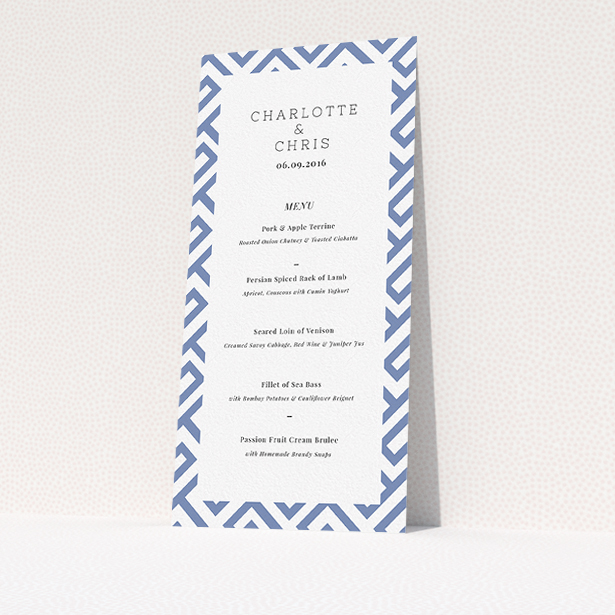 A wedding menu card design named "Blue and white maze". It is a tall (DL) menu in a portrait orientation. "Blue and white maze" is available as a flat menu, with tones of blue and white.
