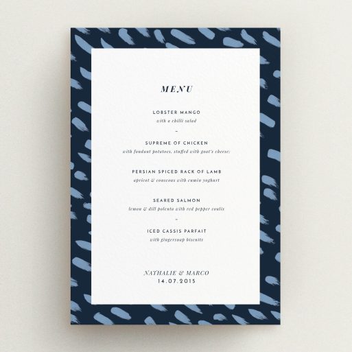 Wedding Menu Card Design - "Blue strokes" A wedding menu card design called "Blue strokes". It is an A5 menu in a portrait orientation. "Blue strokes" is available as a flat menu, with tones of blue and white.