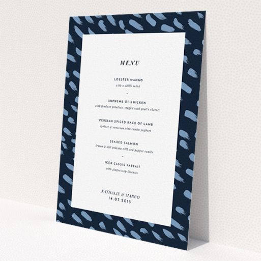 A wedding menu card design called 'Blue strokes'. It is an A5 menu in a portrait orientation. 'Blue strokes' is available as a flat menu, with tones of blue and white.