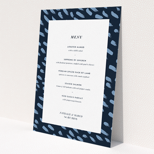 A wedding menu card design called "Blue strokes". It is an A5 menu in a portrait orientation. "Blue strokes" is available as a flat menu, with tones of blue and white.