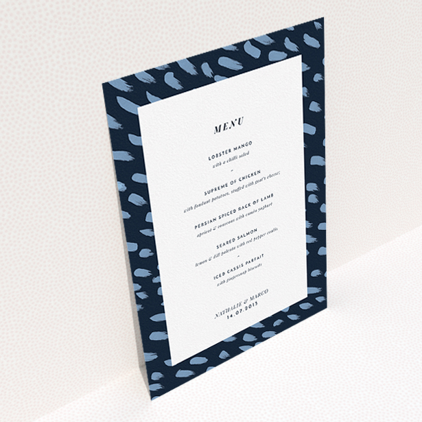 A wedding menu card design called "Blue strokes". It is an A5 menu in a portrait orientation. "Blue strokes" is available as a flat menu, with tones of blue and white.