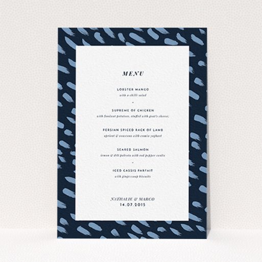 A wedding menu card template titled "Blue strokes". It is an A6 menu in a portrait orientation. "Blue strokes" is available as a flat menu, with tones of blue and white.