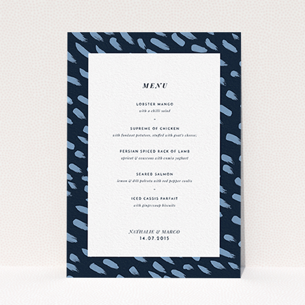 A wedding menu card template titled "Blue strokes". It is an A6 menu in a portrait orientation. "Blue strokes" is available as a flat menu, with tones of blue and white.
