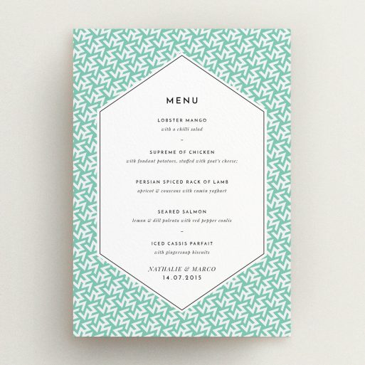 Wedding Menu Card Design - "Born in the 80s" A wedding menu card called "Born in the 80s". It is an A5 menu in a portrait orientation. "Born in the 80s" is available as a flat menu, with tones of green and white.