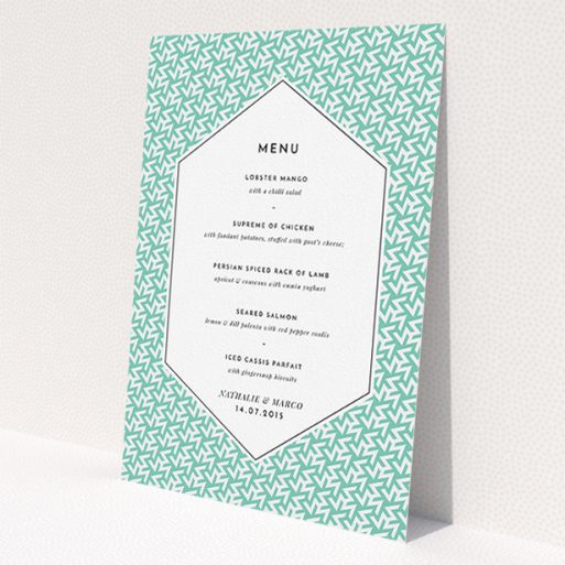 A wedding menu card called 'Born in the 80s'. It is an A5 menu in a portrait orientation. 'Born in the 80s' is available as a flat menu, with tones of green and white.