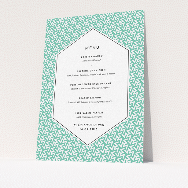 A wedding menu card called "Born in the 80s". It is an A5 menu in a portrait orientation. "Born in the 80s" is available as a flat menu, with tones of green and white.