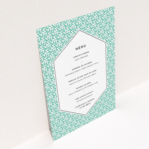 A wedding menu card called "Born in the 80s". It is an A5 menu in a portrait orientation. "Born in the 80s" is available as a flat menu, with tones of green and white.