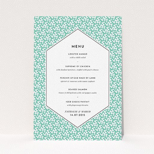 A wedding menu card design titled "Born in the 80s". It is an A6 menu in a portrait orientation. "Born in the 80s" is available as a flat menu, with tones of green and white.