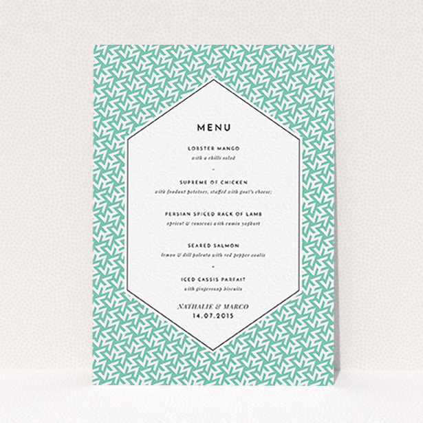 A wedding menu card design titled "Born in the 80s". It is an A6 menu in a portrait orientation. "Born in the 80s" is available as a flat menu, with tones of green and white.