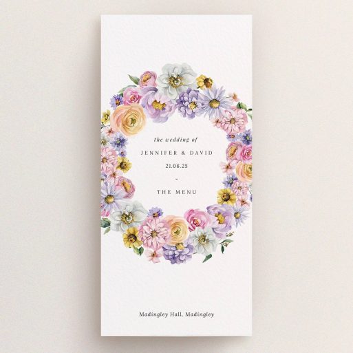 Ornate floral wedding menu card design with colourful flower wreath and text, no photos