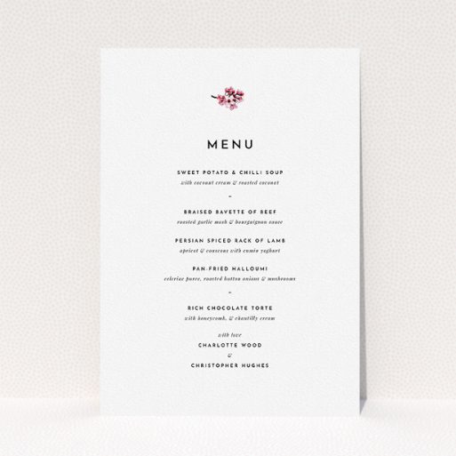 A wedding menu card named "Branches of Cherry Blossom". It is an A5 menu in a portrait orientation. "Branches of Cherry Blossom" is available as a flat menu, with mainly white colouring.