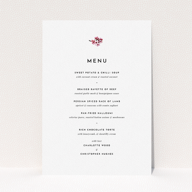 A wedding menu card named "Branches of Cherry Blossom". It is an A5 menu in a portrait orientation. "Branches of Cherry Blossom" is available as a flat menu, with mainly white colouring.