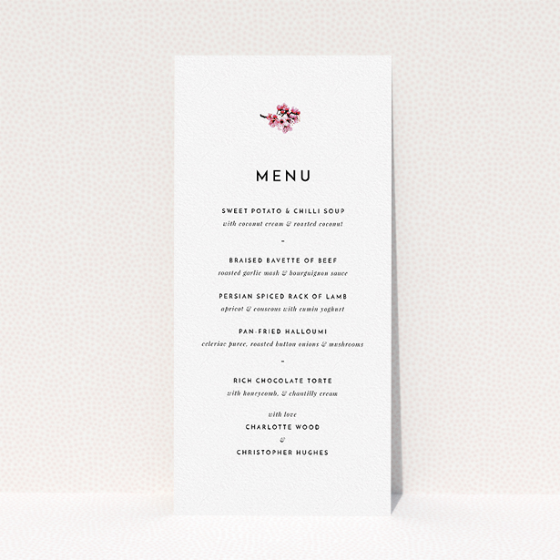 A wedding menu card called "Branches of Cherry Blossom". It is a tall (DL) menu in a portrait orientation. "Branches of Cherry Blossom" is available as a flat menu, with mainly white colouring.