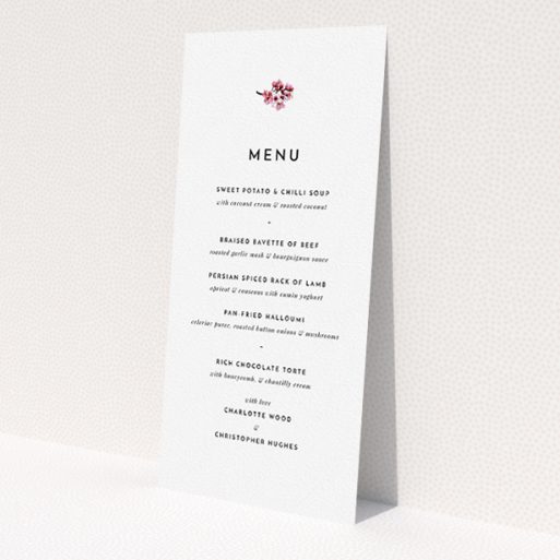 A wedding menu card called 'Branches of Cherry Blossom'. It is a tall (DL) menu in a portrait orientation. 'Branches of Cherry Blossom' is available as a flat menu, with mainly white colouring.