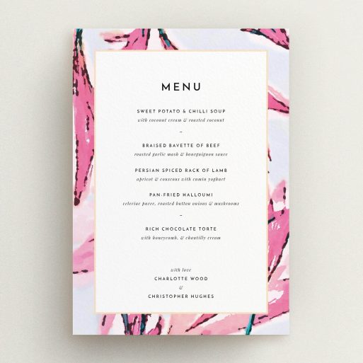 Wedding Menu Card Design - "By the river bank" A wedding menu card design named "By the river bank". It is an A5 menu in a portrait orientation. "By the river bank" is available as a flat menu, with tones of vibrant pink and green.