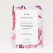 A wedding menu card design named "By the river bank". It is an A5 menu in a portrait orientation. "By the river bank" is available as a flat menu, with tones of vibrant pink and green.