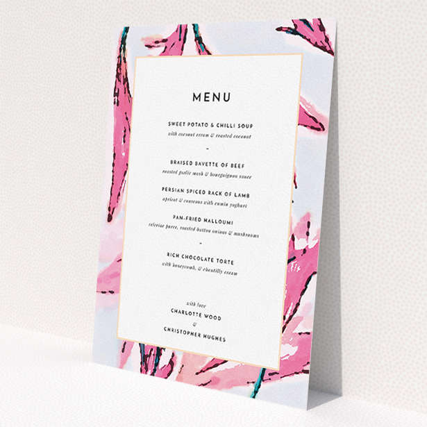 A wedding menu card design named "By the river bank". It is an A5 menu in a portrait orientation. "By the river bank" is available as a flat menu, with tones of vibrant pink and green.