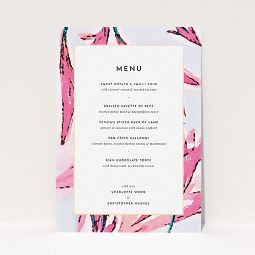 A wedding menu card called "By the river bank". It is an A6 menu in a portrait orientation. "By the river bank" is available as a flat menu, with tones of vibrant pink and green.