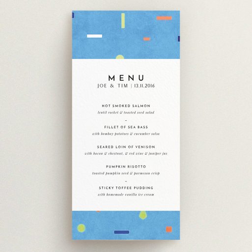 Wedding Menu Card Design - "Capri" A wedding menu card design called "Capri". It is a tall (DL) menu in a portrait orientation. "Capri" is available as a flat menu, with tones of light blue and orange.