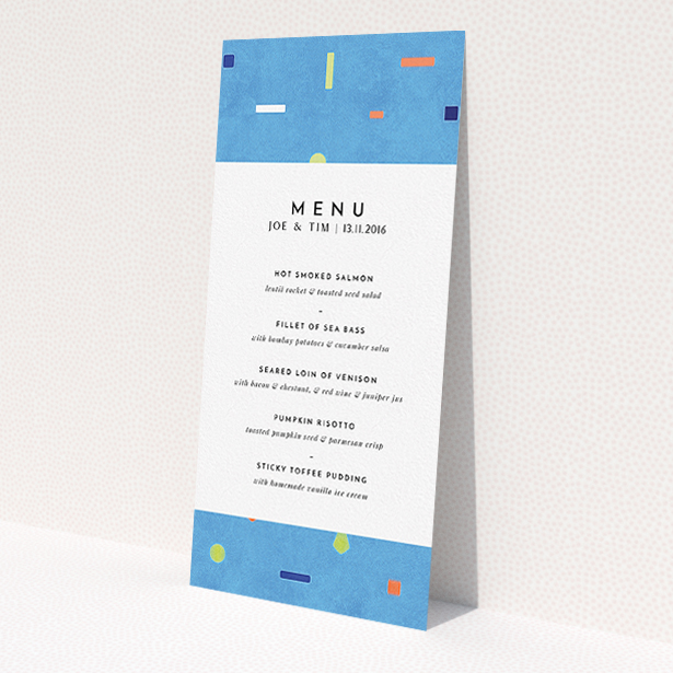 A wedding menu card design called "Capri". It is a tall (DL) menu in a portrait orientation. "Capri" is available as a flat menu, with tones of light blue and orange.