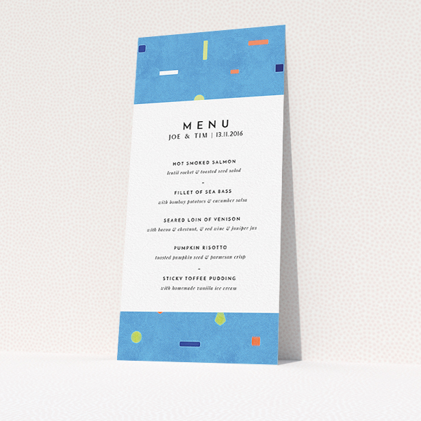 A wedding menu card design called "Capri". It is a tall (DL) menu in a portrait orientation. "Capri" is available as a flat menu, with tones of light blue and orange.