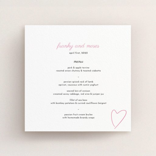 Wedding Menu Card Design - "Casual Loving" A wedding menu card named "Casual Loving". It is a square (148mm x 148mm) menu in a square orientation. "Casual Loving" is available as a flat menu, with tones of white and pink.