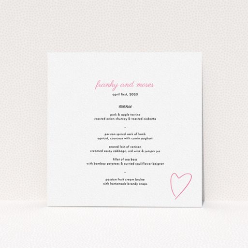 A wedding menu card named "Casual Loving". It is a square (148mm x 148mm) menu in a square orientation. "Casual Loving" is available as a flat menu, with tones of white and pink.