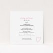 A wedding menu card named "Casual Loving". It is a square (148mm x 148mm) menu in a square orientation. "Casual Loving" is available as a flat menu, with tones of white and pink.