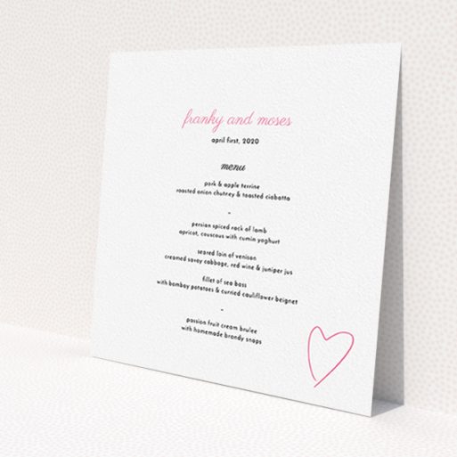 A wedding menu card named 'Casual Loving'. It is a square (148mm x 148mm) menu in a square orientation. 'Casual Loving' is available as a flat menu, with tones of white and pink.