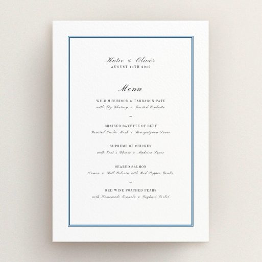A wedding menu card called "Classic Blue Border". It is an A5 menu in a portrait orientation. "Classic Blue Border" is available as a flat menu, with tones of white and blue.