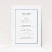 A wedding menu card called "Classic Blue Border". It is an A5 menu in a portrait orientation. "Classic Blue Border" is available as a flat menu, with tones of white and blue.
