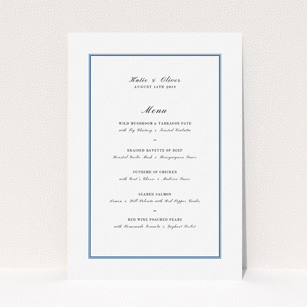 A wedding menu card called "Classic Blue Border". It is an A5 menu in a portrait orientation. "Classic Blue Border" is available as a flat menu, with tones of white and blue.