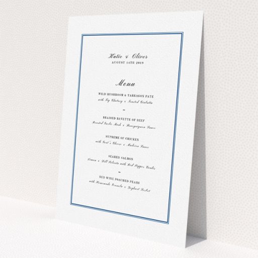 A wedding menu card called 'Classic Blue Border'. It is an A5 menu in a portrait orientation. 'Classic Blue Border' is available as a flat menu, with tones of white and blue.