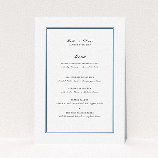 A wedding menu card design titled "Classic Blue Border". It is an A6 menu in a portrait orientation. "Classic Blue Border" is available as a flat menu, with tones of white and blue.