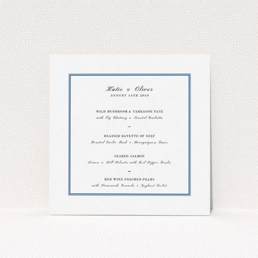 A wedding menu card template titled "Classic Blue Border". It is a square (148mm x 148mm) menu in a square orientation. "Classic Blue Border" is available as a flat menu, with tones of white and blue.