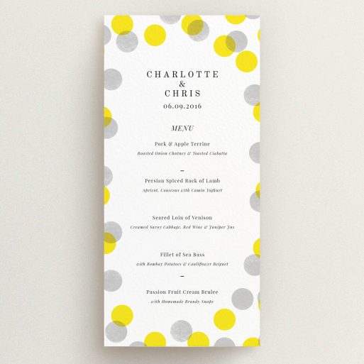 Wedding Menu Card Design - "Cork Stamps" A wedding menu card called "Cork Stamps". It is a tall (DL) menu in a portrait orientation. "Cork Stamps" is available as a flat menu, with tones of white and yellow.