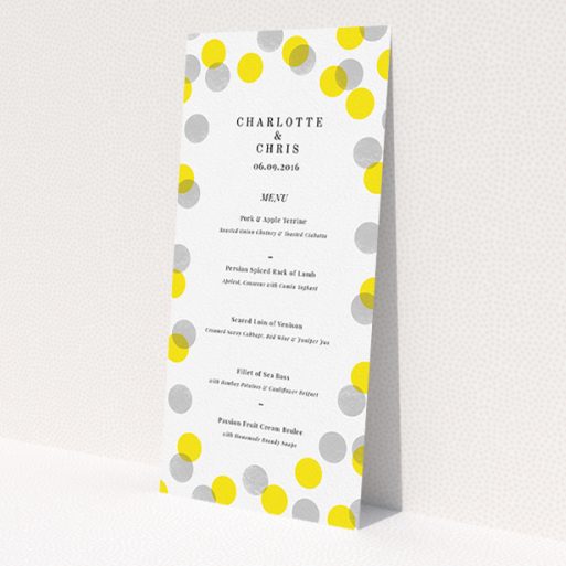 A wedding menu card called 'Cork Stamps'. It is a tall (DL) menu in a portrait orientation. 'Cork Stamps' is available as a flat menu, with tones of white and yellow.