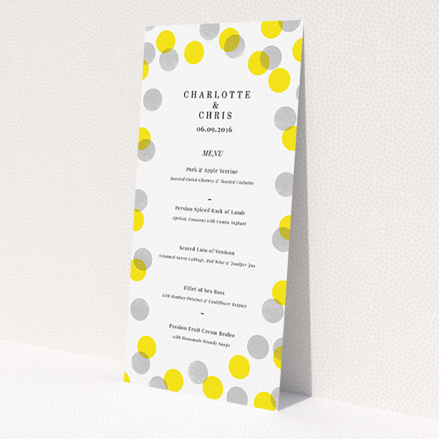 A wedding menu card called "Cork Stamps". It is a tall (DL) menu in a portrait orientation. "Cork Stamps" is available as a flat menu, with tones of white and yellow.