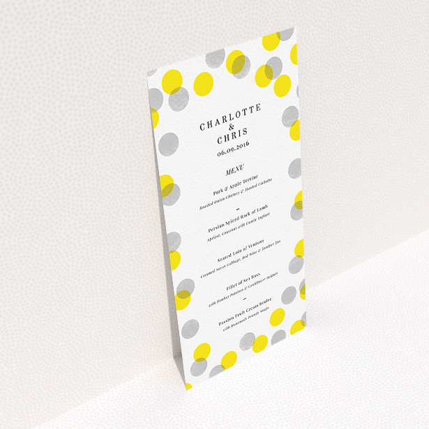 A wedding menu card called "Cork Stamps". It is a tall (DL) menu in a portrait orientation. "Cork Stamps" is available as a flat menu, with tones of white and yellow.