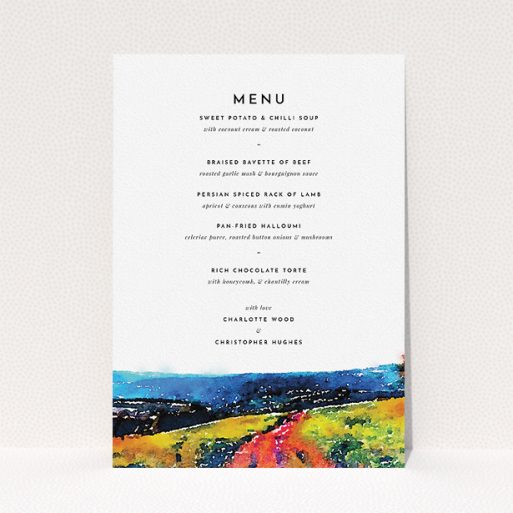 A wedding menu card template titled "Country Road". It is an A5 menu in a portrait orientation. "Country Road" is available as a flat menu, with tones of red, blue and green.