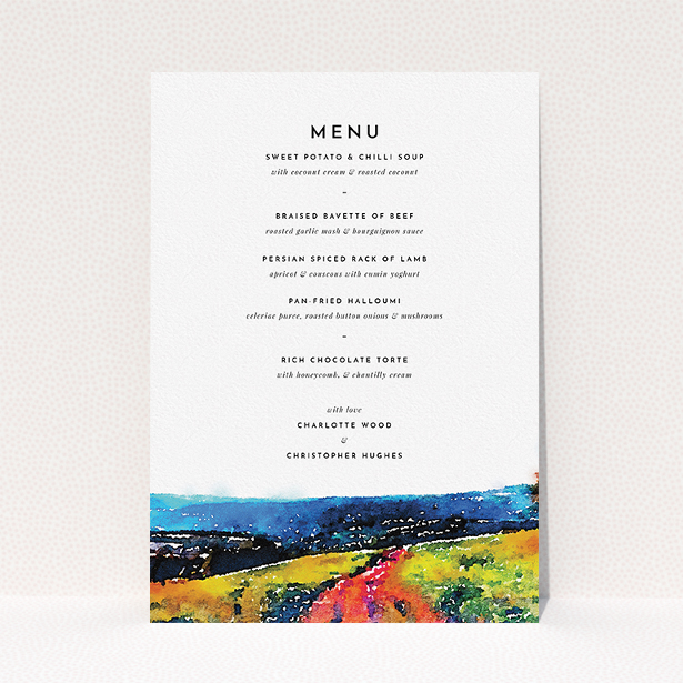 A wedding menu card template titled "Country Road". It is an A5 menu in a portrait orientation. "Country Road" is available as a flat menu, with tones of red, blue and green.