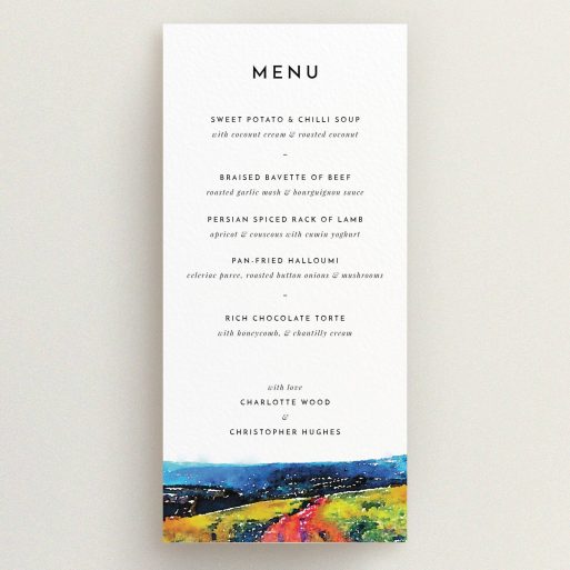 Wedding Menu Card Design - "Country Road" A wedding menu card template titled "Country Road". It is a tall (DL) menu in a portrait orientation. "Country Road" is available as a flat menu, with tones of red, blue and green.