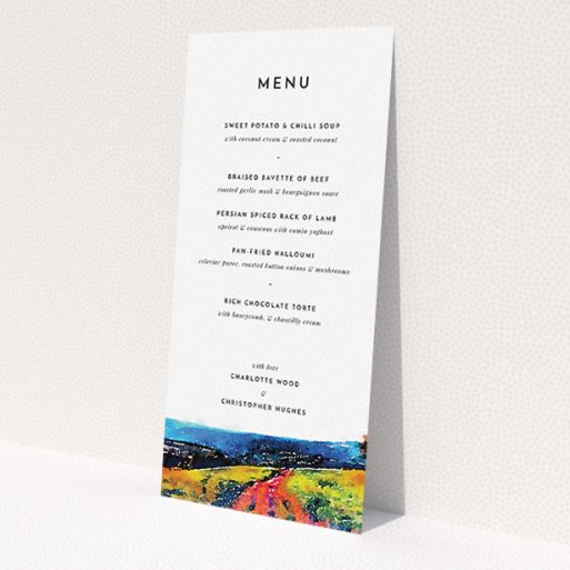 A wedding menu card template titled 'Country Road'. It is a tall (DL) menu in a portrait orientation. 'Country Road' is available as a flat menu, with tones of red, blue and green.