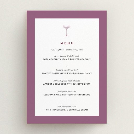Wedding Menu Card Design - "Coupe" A wedding menu card template titled "Coupe". It is an A5 menu in a portrait orientation. "Coupe" is available as a flat menu, with mainly purple/dark pink colouring.