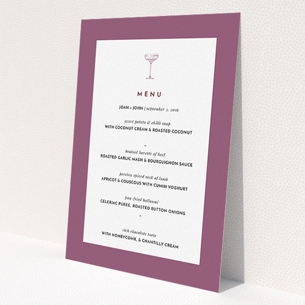 A wedding menu card template titled 'Coupe'. It is an A5 menu in a portrait orientation. 'Coupe' is available as a flat menu, with mainly purple/dark pink colouring.